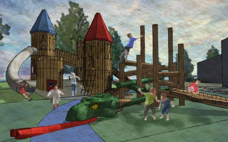 Paul Coffey castle theme sculpture towers dragon log jam playground