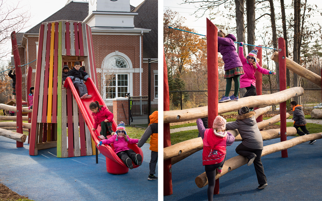 Ontario schoolyar playground tower slide logs natural
