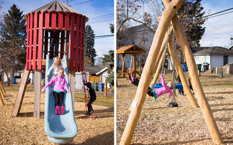 Mills Park Calgary natural playground tower wood swings