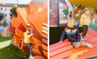Colorful accoya cladding of Willie Woo Woo Wong playground dragon phoenix sculptures