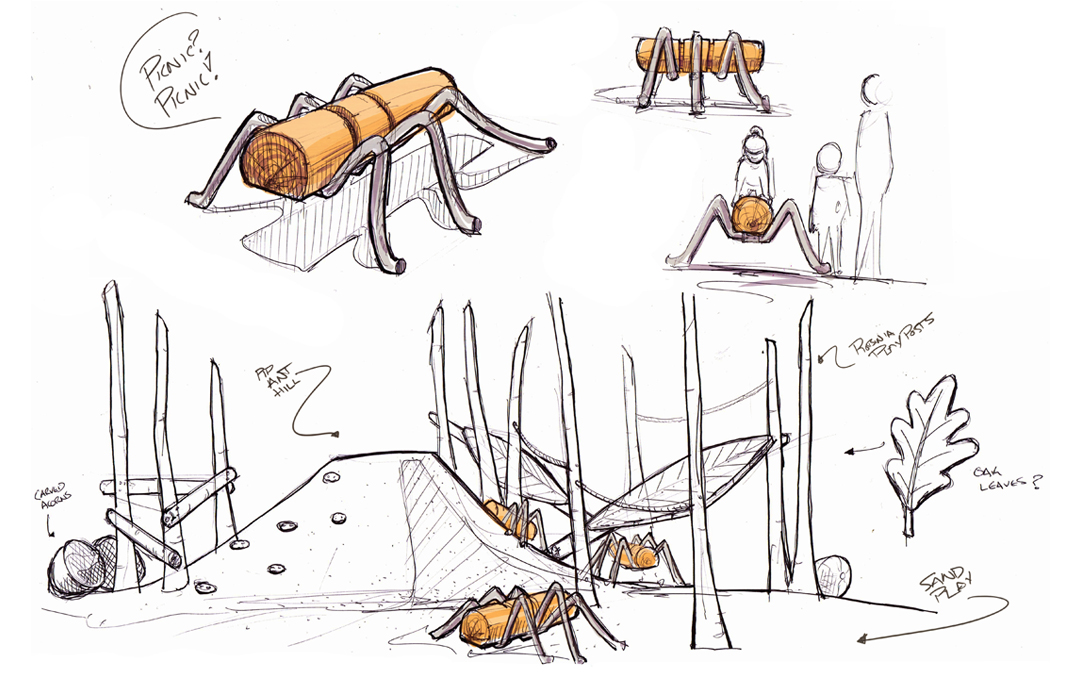 sketch playground concept ants anthill picnic post ropes sculpture wood