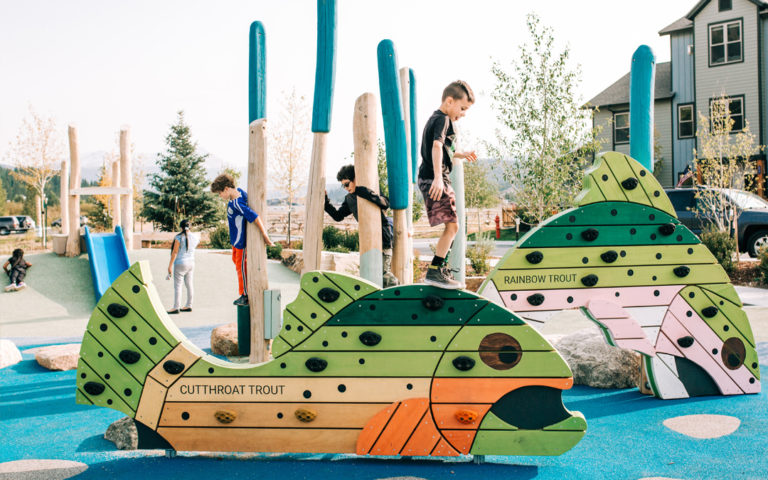 Custom natural wood playground fish climbing walls accessible surfacing