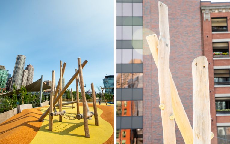 martin's park boston childrens museum natural robinia log climber climbing holds nets accessible play