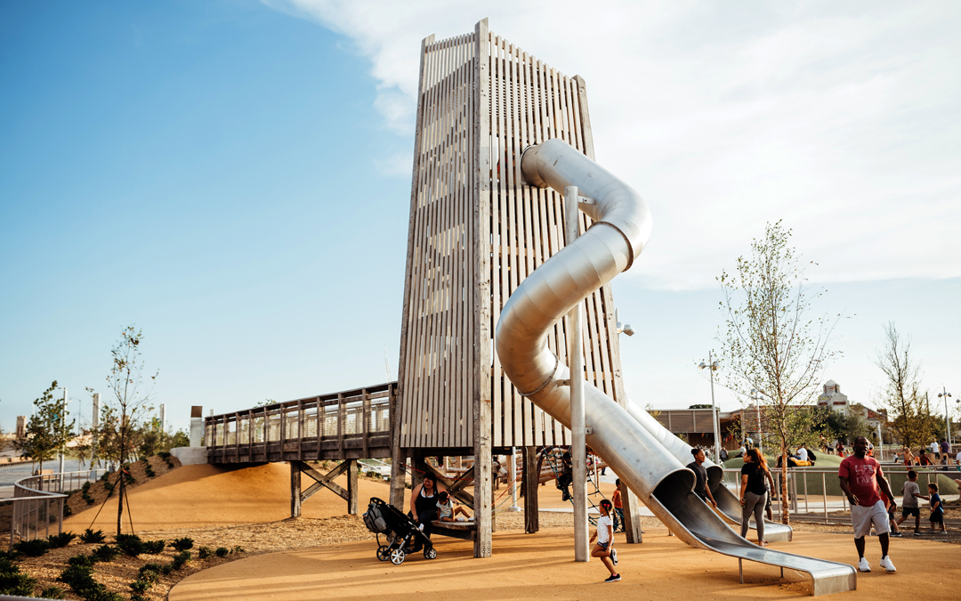 play tower with tube slide at scissortail park in oklahoma city