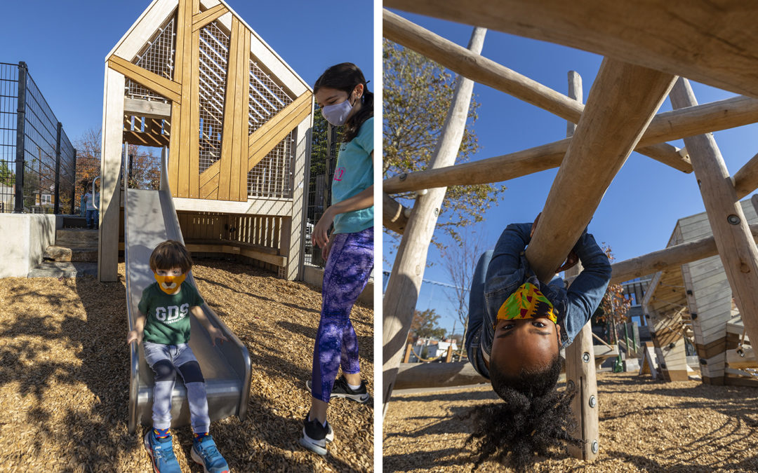 Georgetown Day School natural wood playground junior treehouse tower slide robinia log climber