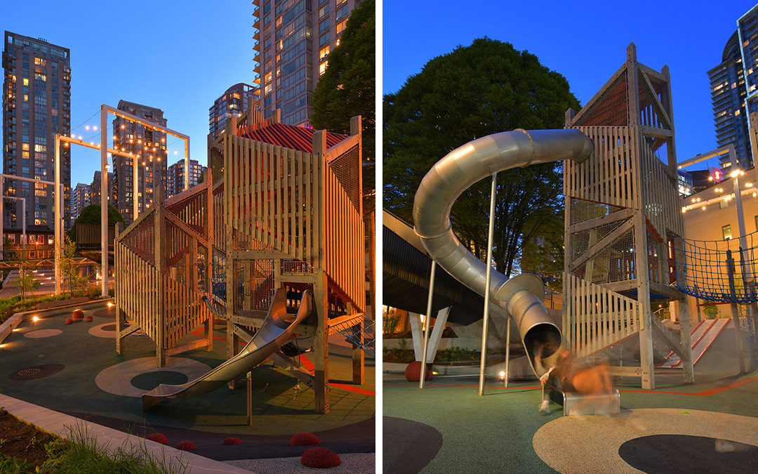 Smithe and Richards playground at night in Vancouver with park lighting