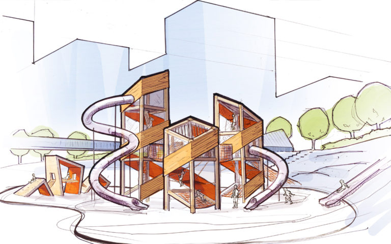 Conceptual Hand sketch of custom wood playground for Vancouver Canada architecture
