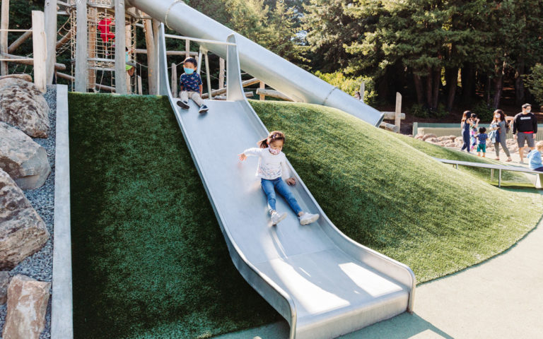 Redwood Grove California natural adventure playground slides logs