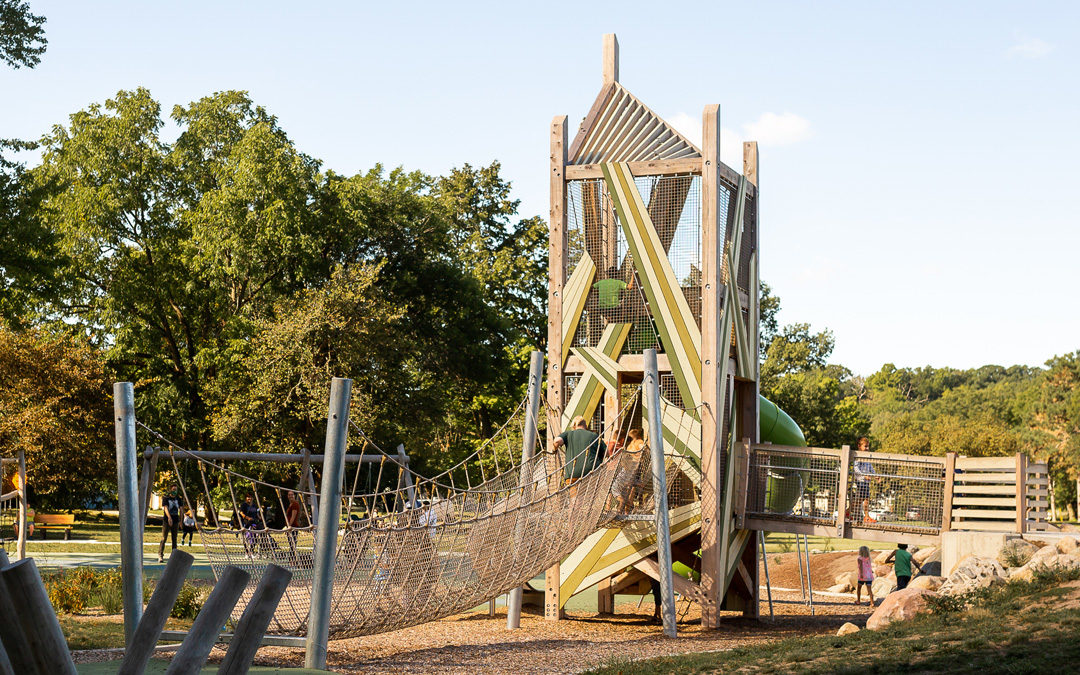 Playground tower in Grand Rapids with swinging net bridge