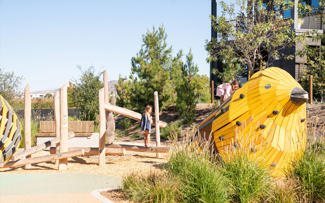 Overlook Park Irvine California bird sculpture natural playground robinia log climber