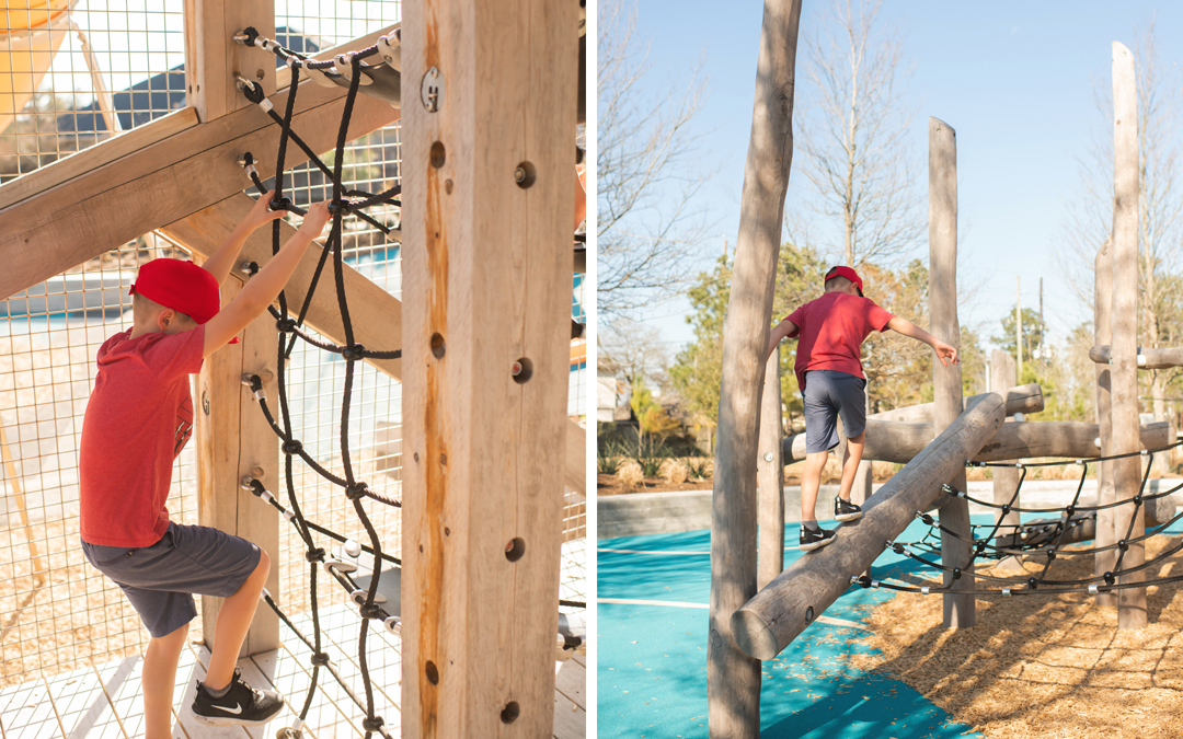 pine-cove-texas-natural-wood-playground-timber-towers-rope-ladder-climber-robinia-log-jam  - Earthscape Play