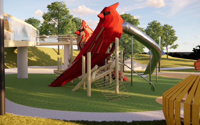 cardinal playground sculpture daytime downtown Cary Park