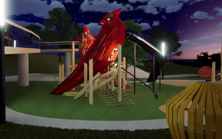 cardinal playground sculpture at night with lighting downtown Cary Park