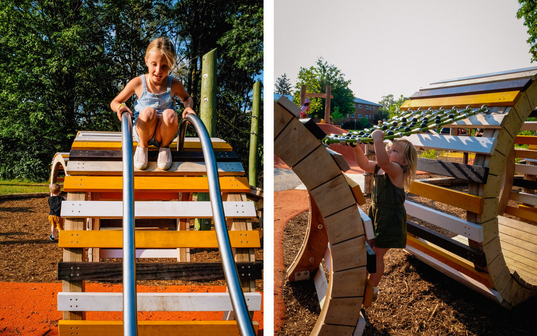 custom playground Kiwanis Park London natural playground sliding rails net climber