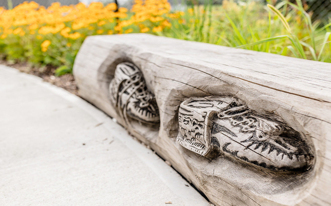 Moccasin Identified project oak bench at Mississauga of the Credit First Nation Early ON Centre