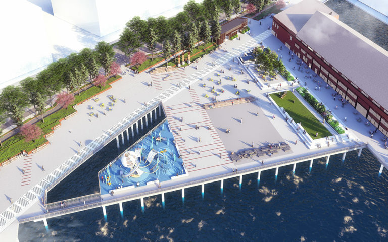 Aerial view of design render of Pier 58 playground and park Seattle