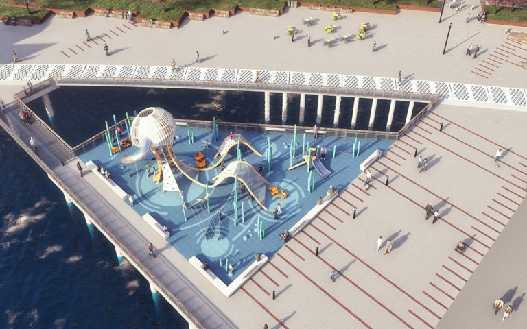Close up aerial render of Pier 58 jellyfish playground Seattle Waterfront