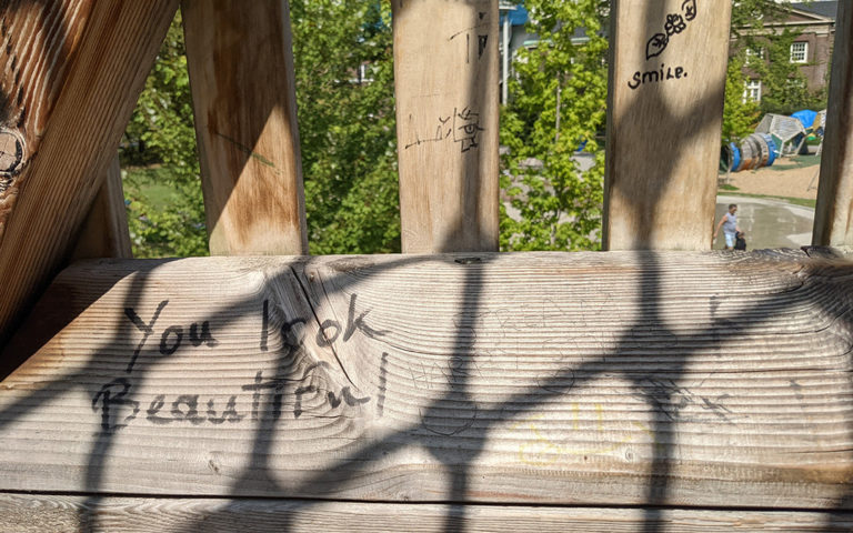 You look beautiful written on wood playground at Grange Park Toronto