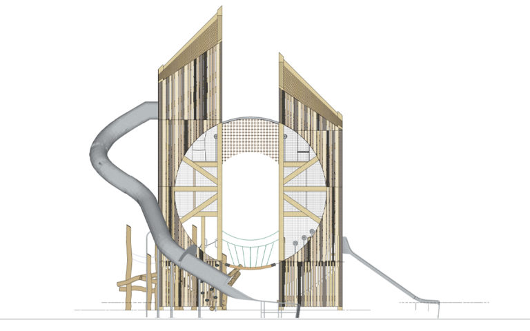 Joe Louis Gateway Detroit playground tower with circle unity design