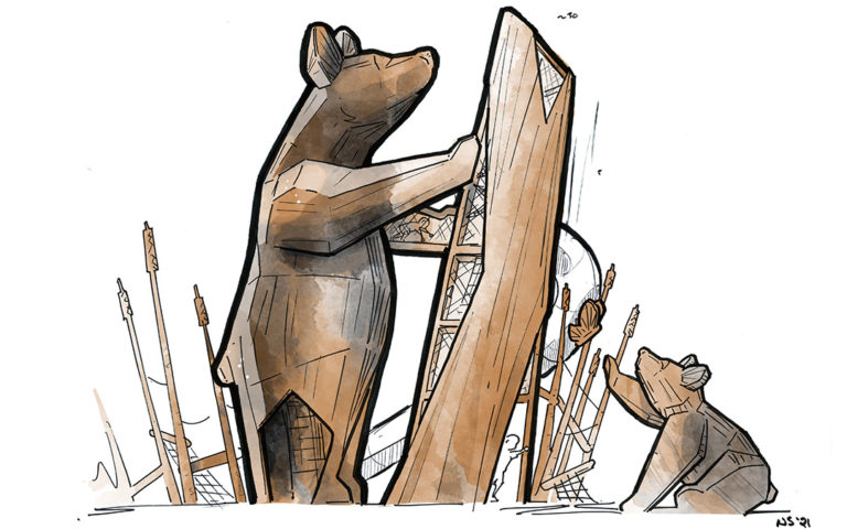Handsketch of standing mama bear playground with tree tower and baby cub.