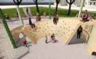 Playground design render with curve climbing wall and nets
