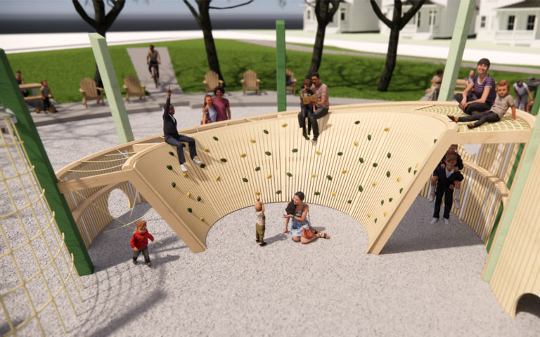Playground design render with curve climbing wall and nets