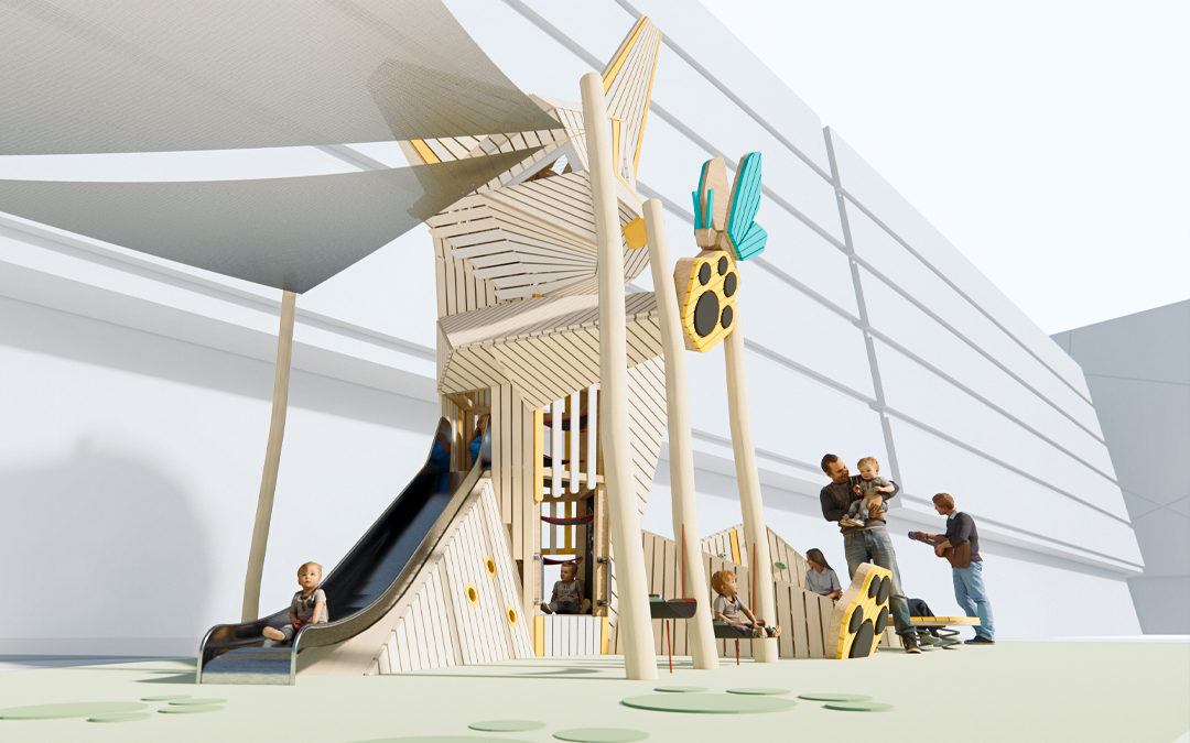 Thrive Fox playground sculpture render with shade sail