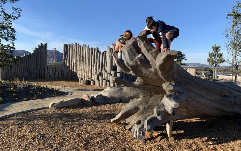 Presidio Outpost neighbourhood kids playing on massive fallen tree sculpture.