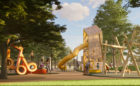 Alberta Jones Louisville Kentucky playground with 3 level tower and slide with musical notes sculpture.