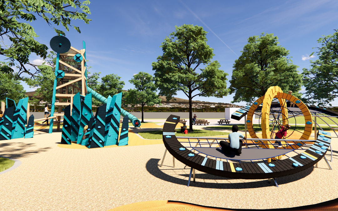 Calwa Park in Fresno California space themed playground design render with orbiter