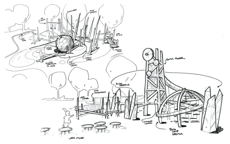 Calwa Park Fresno handsketch of initial playground design with outer space theme