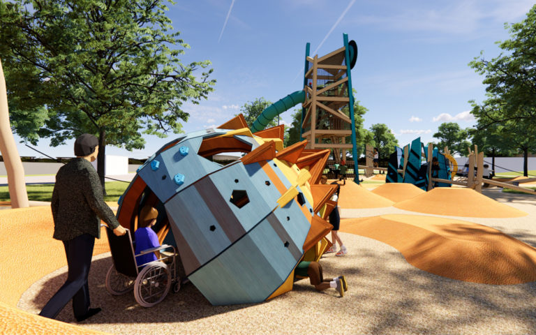 Calwa Park render of inclusive accessible playground with space theme and meteor