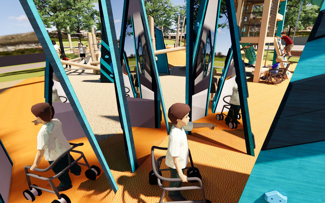 Render of Calwa Park inclusive playground with mirrors on sides of crystal climbers in outer space.