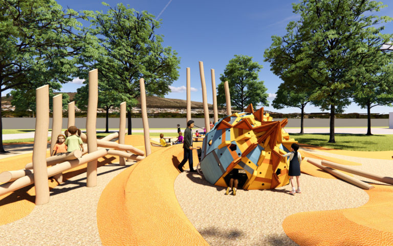 Render of Calwa Park playground with meteor space theme.