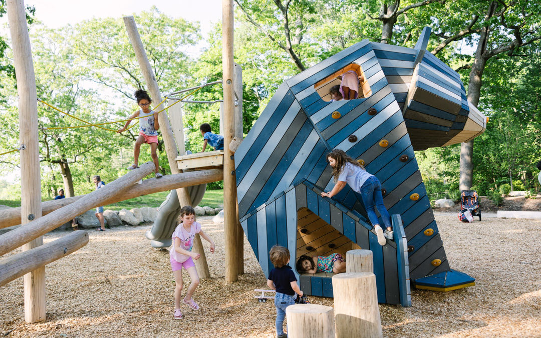 Roger Williams bear playground sculpture can be climbed by kids and has a Log Tangle