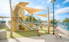 Denver Fox playground sculpture on rooftop with shade sail