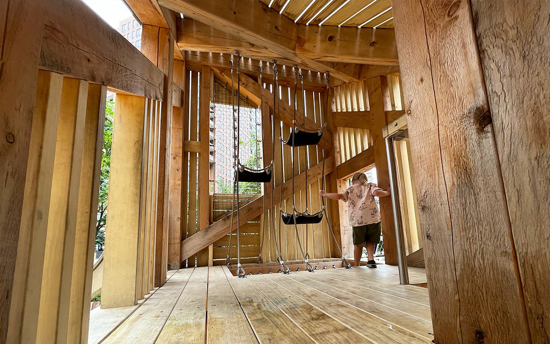 Met Park playground timber towers interior with sling seats