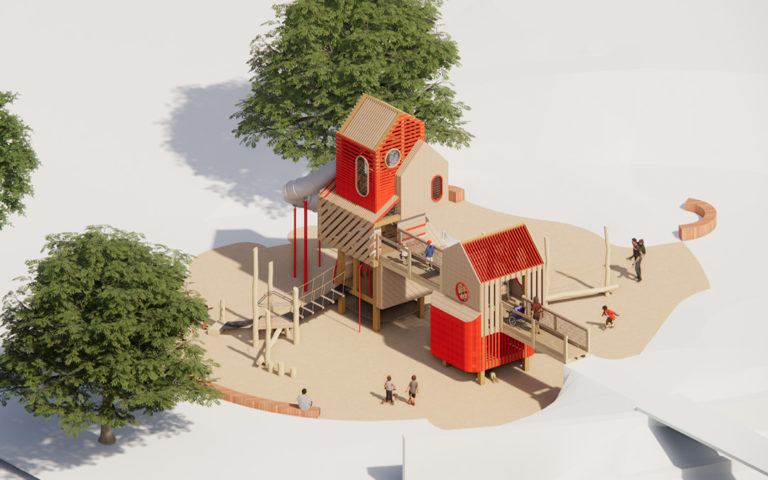 Skyline Park in Easton Park in Austin Texas playground stacked towers render