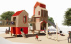 Skyline Park stacked playground towers with red modern architecture in Austin