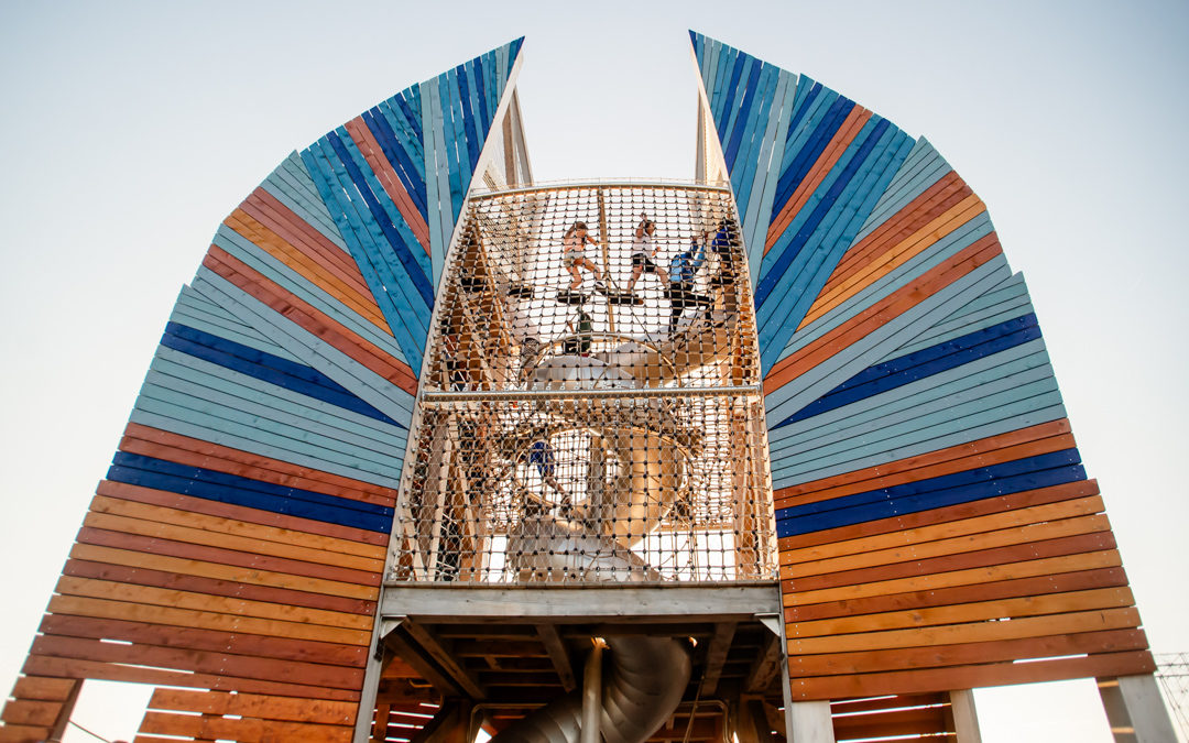 Grosbeak bird timber glulam playground towers with inside play nets